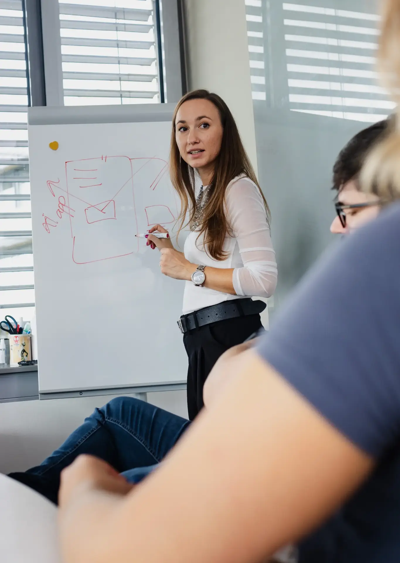 Woman presenting a sketch on a flipchart to colleagues