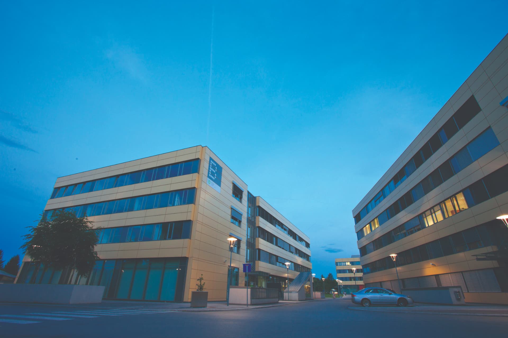 Technology Park Ljubljana office buildings at blue hour
