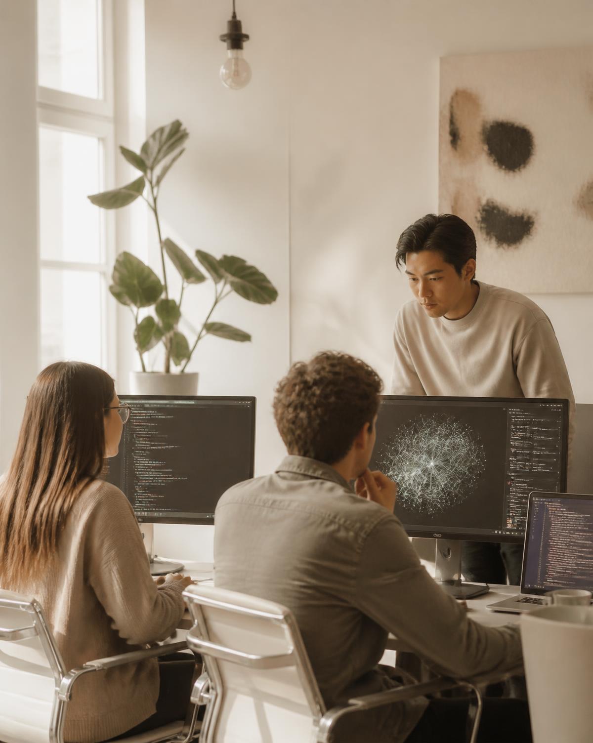 AI startup team working with neural network visualizations on screen